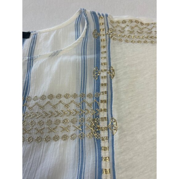 J.Crew  Blue White Striped Linen Cotton Top Womens S Gold Embroidery Boxy - Picture 12 of 12